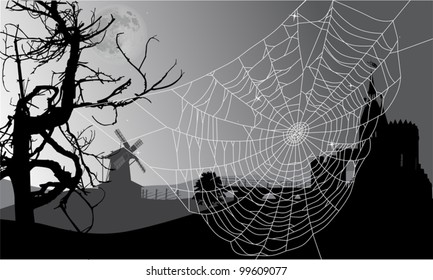 dark illustration with castle and web