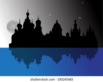 dark illustration with cathedrals at night