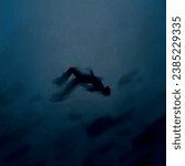Dark illustration of drowning silhouette person in the sea. Impressionist digital painting showing depression and depth of the ocean. Hand drown person deep underwater drowned suffocate. Lost, fears
