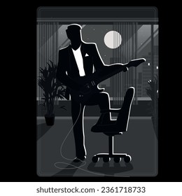 Dark illustration of an office guitarist. Civilian silhouette card