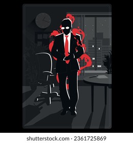 Dark illustration of an office intruder. A silhouette card of an enemy worker