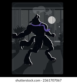 Dark illustration of an office werewolf. A werewolf silhouette card in the office