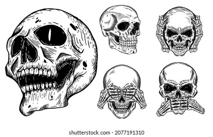 Dark illustration Skull Head Hand drawn Hatching Outline Style