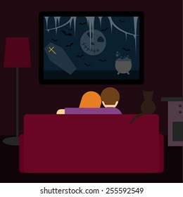 dark illustration in a trendy flat style with couple and cat watching the scary film on television sitting on the couch in the room