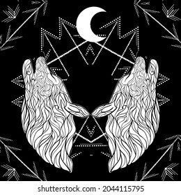 Dark illustration with wolf or werewolf howling to the moon. Tattoo art style illustration.