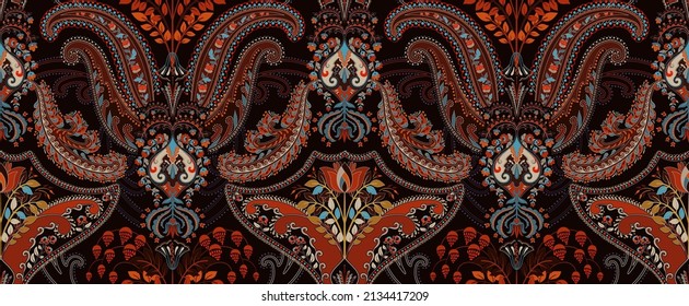 Dark Indian seamless pattern. Paisley wallpaper. Paisley seamless wallpaper. Vector background. Floral folk background with floral symmetry elements. Design for textile, wallpaper, cover, paper, web 