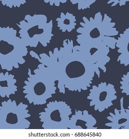 Dark Indigo pattern with daisies. Millefleurs liberty style. Ditsy floral pattern for printing on fabric,  women's clothes Seamless vector illustration