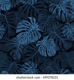 Dark indigo vector pattern with monstera palm leaves on dark background. Seamless summer tropical fabric design.