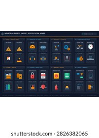 A dark industrial safety and asset specification board showing multiple labeled flat icons for warnings, PPE, machinery, storage, lockout, and emergency controls
