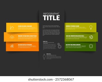 Dark Infographic with a central column text, surrounded by orange and green horizontal bars. The layout is organized and vibrant, highlighting a modern infographic design.