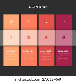 A dark infographic design template with four distinct options, each with a numerical step and text box. This infographic template provides a clear visual structure for presenting four options.