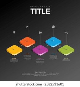 Dark infographic displays a 3D layout with five colorful steps in orange, yellow, purple, blue, and green. Each step features icons and text for presenting information clearly.