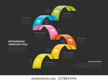 Dark infographic image displays a six-step process with vibrant, overlapping jumps, each step numbered and color-coded. It includes placeholder text and icons for visual enhancement.