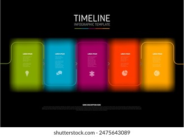 Dark infographic template with five color lights  blocks. Multipurpose five steps options elements template with thick line borders