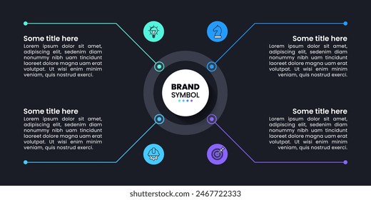 Dark infographic template with icons and 4 options or steps. Can be used for workflow layout, diagram, banner, webdesign. Vector illustration