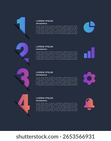 Modelo infográfico escuro com números e espaço para texto. Layout de infográfico de negócios e marketing com ícones