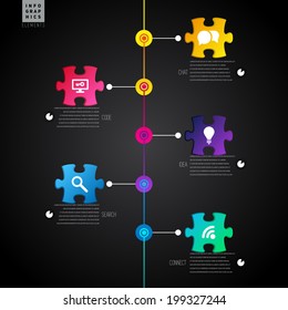 Dark Infographic template with puzzle, lines and icons - vector illustration