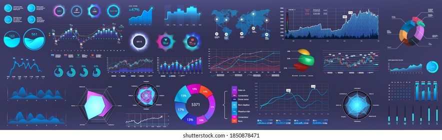 Dark infographics, charts and graphs collection. Business presentation and marketing statistic workflow. Big set elements -financial analysis, circle infographics, diagrams and other. Vector set