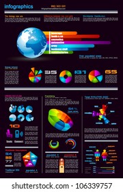 Dark Infographics page with a lot of design elements like chart, globe, icons, graphics, maps, cakes, human shapes and so on. Ideal for business analisys rapresentation.