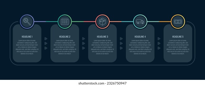 Infografía oscura con proceso recurrente. Cinco pasos y elementos coloridos. Iconos vectoriales de línea delgada. Gráficos de datos para gráficos de flujo, presentaciones y interfaz de usuario