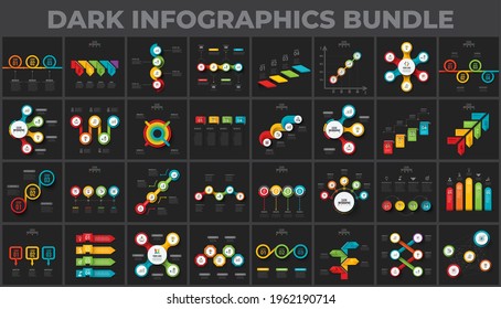 Dunkle Infografik-Set. Paket-Vorlagen für die Datenvisualisierung mit 3, 4, 5 und 6 Prozessen. Strukturvorlage.