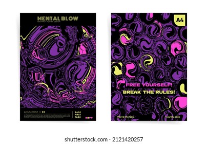 Dark ink abstract template design with typography for poster, flyer, event brochure, placard, presentation or cover. Vector black and purple colors and rounded magic shapes background set.