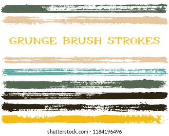 Dark ink brush strokes isolated design elements. Set of paint lines. Vintage stripes, textured paintbrush stroke shapes. Collection of ink brushes, stripes isolated on white, vector paint samples.