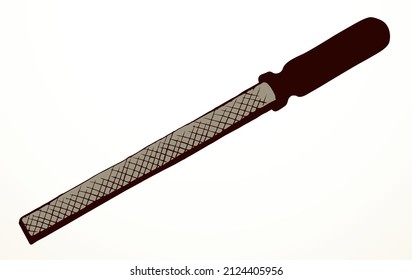 Dark ink pen drawn home round sharp knif blade neat screw kit box set object flat logo emblem retro art doodle engrave print web style. Close up view light white paper finish board text space backdrop