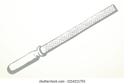 Dark ink pen drawn home round sharp knif blade neat screw kit box set object flat logo emblem retro art doodle engrave print web style. Close up view light white paper finish board text space backdrop
