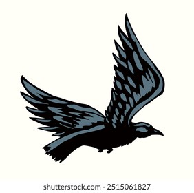 Dunkle Tinte Stift handgezeichnet zoo corvidae corone tail feather Emblem Design Retro-Kunst doodle Bleistift Cartoon Kontur drucken Stil. Nahaufnahme Ansicht Licht Papier alt groß See Pica Schnabel Bild Himmel Text Raum