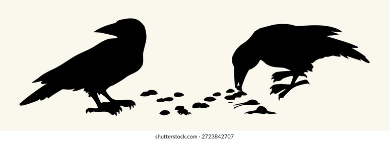 Tinta escura caneta mão desenhada zoo corvidae cauda pena emblema design. Estilo retrô de impressão biblic art doodle pencil cartoon contour bible. Closeup vista lateral velha grande neve pluma pica perna mosca encontrar solo mar marinho carniça cereal refeição luz céu texto espaço