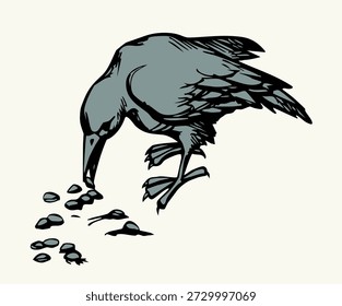 Dunkle Tinte Stift handgezeichnet zoo corvidae Schwanz Feder Emblem Design. Retro Bibel Kunst Doodle Bleistift Cartoon Kontur Bibel Print Stil. Nahaufnahme Seitenansicht alte große Schneeflocke Pica Bein Fliege finden Boden Meer Aas Getreidemehl heller Himmel Text Raum