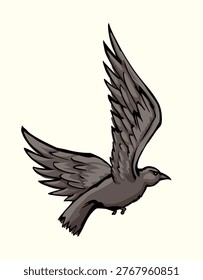 Dark ink pen hand drawn zoo corvidae corone tail feather emblem design retro art doodle pencil cartoon contour print style. Closeup view light paper old large big lake pica beak picture sky text space