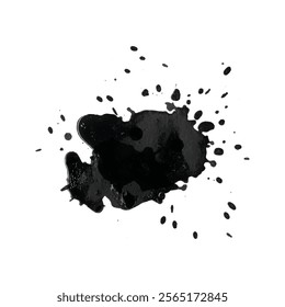 Dark ink splash and blot illustration on white background isolated artistic watercolor stain with brush drop texture gray splatter spray abstract spot for painting and drawing design projects