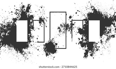 Las salpicaduras de tinta oscura rodean marcos rectangulares blancos abstractos sobre un fondo blanco.