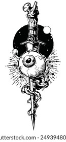 Dark and intense tattoo illustration of an eyeball pierced by a ritualistic bone-handled dagger, with visible veins and nerve tendrils