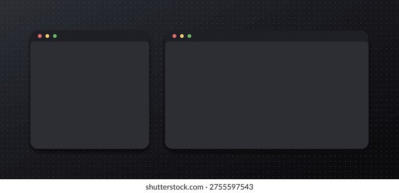 Dark interface windows on dotted background. Mockup of two empty web browser frames for digital design projects. Minimalist computer application UI layout for software development.