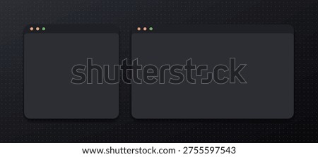 Dark interface windows on dotted background. Mockup of two empty web browser frames for digital design projects. Minimalist computer application UI layout for software development.