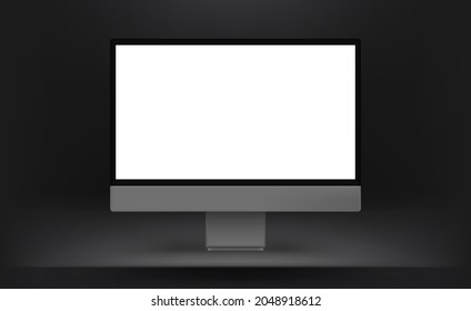 Dark interior with blank computer screen. Vector mocku