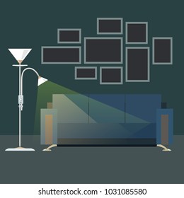 Dark Interior Living Room , Sofa with Floor Lamp, Photo Frames on the Wall, Vector Illustration