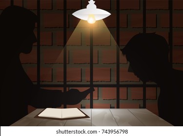 Dark Interrogation room with detective and suspect or victim. Jail background
