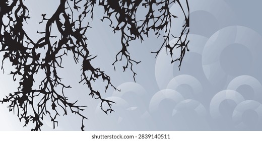 Dark, intricate silhouette of leafless tree branches reaching across a soft, blurred background with circular shapes.