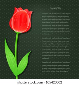 Dark Invitation Card with Single Flower - Red Tulip. Vector Floral Background