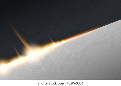 Dark iron and stainless steel brushed metal background with light effect. Vector scratched surface and welding line. Heavy industrial material design. Diagonal sun beam poster