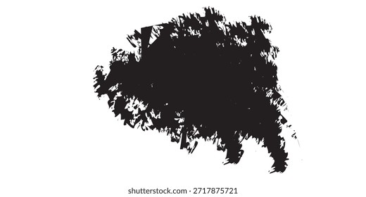 Una mancha de tinta oscura e irregular con un borde texturizado y deshilachado, aislado en una superficie blanca limpia.