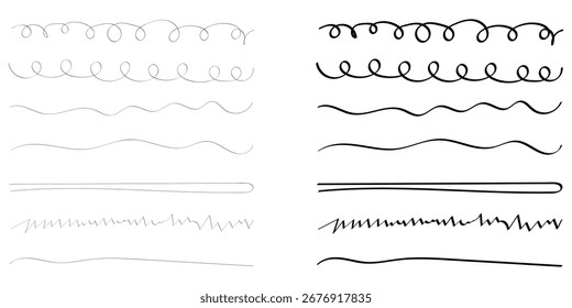 Dark isolated hand drawn underline set on white background. Modern underline icons. Abstract black line element underline. Collection curved line icon set. 