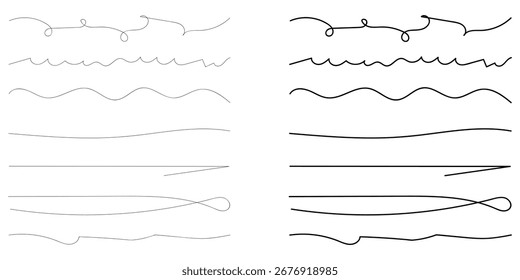 Dark isolated hand drawn underline set on white background. Abstract black line element underline. Collection curved line icon set. Underline pattern set on white page. 