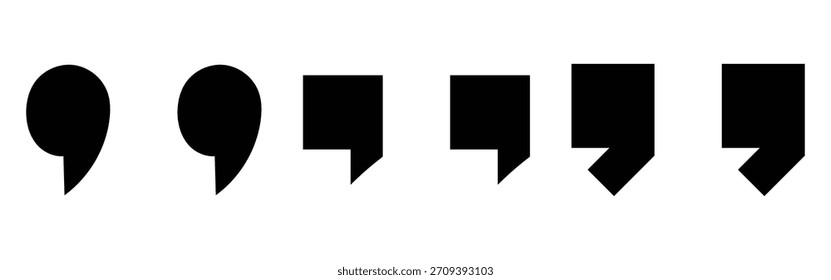 Dunkel isolierte moderne Symbole mit umgekehrten Kommas auf weißem Hintergrund. Schwarze invertierte Kommas Silhouette Symbole auf weißer Seite gesetzt. Moderne Komasets isoliert. Massage Zitatsymbole. EPS 10. 