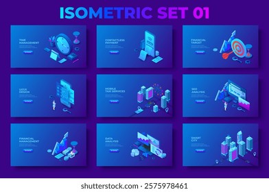 Dark isometric 3d bestsellers illustrations bundle. Time management, contactless payment, SEO analysis, smart city, financial goal and mobile taxi services with characters