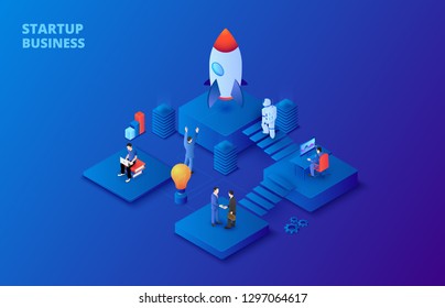 Dark isometric businnes start up concept with people, astronaut and rocket. Landing page template.